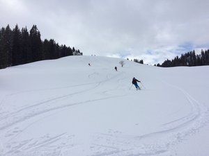 Eigene Spuren im pulverähnlichen Schnee bei blauer Störung!
